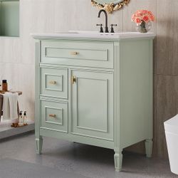 30" Bathroom Vanity with Ceramic Sink Combo, Bathroom Vanity Cabinet with 1 Flip Drawer, 2 Drawers & Adjustable Shelf - Green