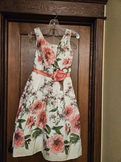 VINTAGE - Floral Fit & Flare Dress with Coral Waist Accent | Wedding Guest & Party Dress