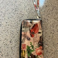 Pink Multi Colored Collage Double Zippered   Compartment Wristlet 