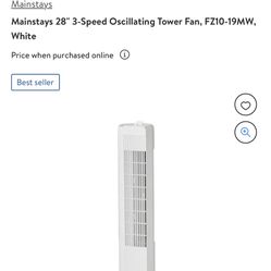 Mainstays 28” 3-Speed Oscillating Tower Fan FZ10-19MW White 