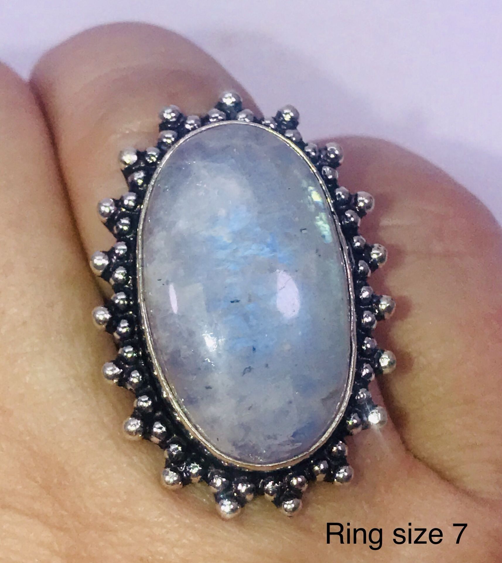 Natural fiery blue rainbow 🌈 moonstone large oval stone & .925 stamped sterling silver embellished ring size 7 NEW!