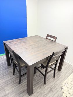 Dark Brown Wood Dining Table with 3 chairs and a bench