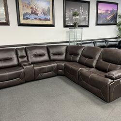 Brown Leather Sofa Sectional w/ Power Motion Recliners 