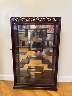 Rosewood Oriental Curio Display Cabinet — Mirrored, Glass Door, Wall Mount