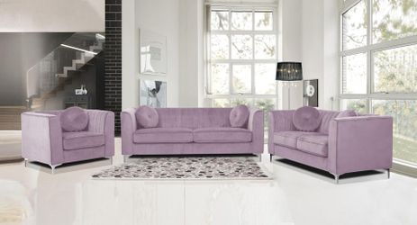 Brand New Velvet Sofa/Sofa Set w/ Chrome Legs - Navy & Blush | Sale $499 | Elegant Design