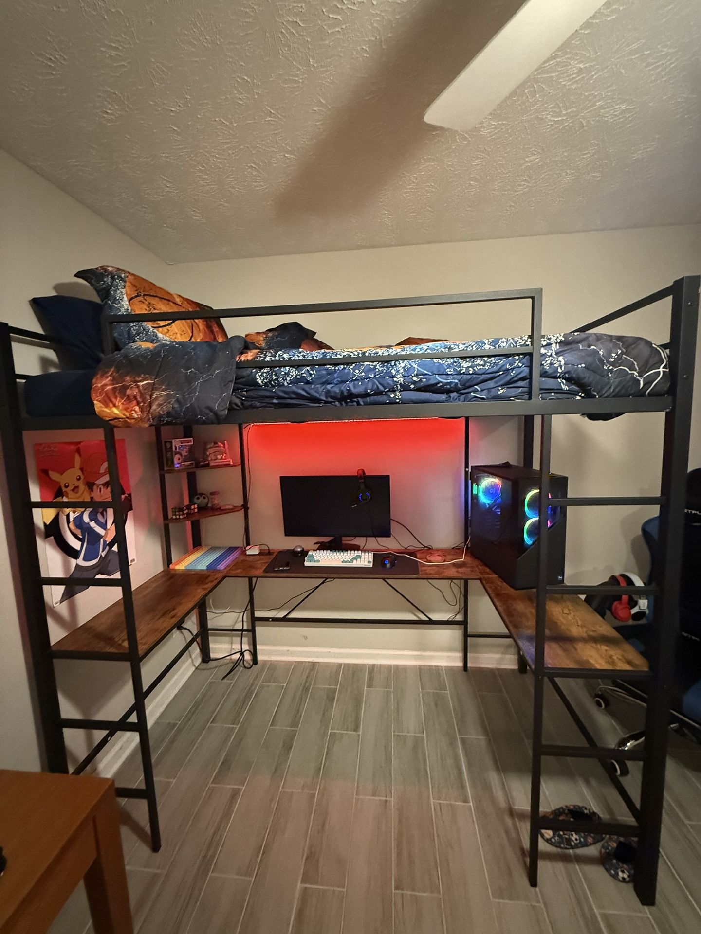 Twin Gaming Bunk Bed With Desk, LED Lights, And USB Outlets. 