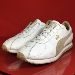 MENS PUMA TURIN WHITE LEATHER TAN SUEDE SNEAKERS  MENS SIZE 12  EXCELLENT CONDITION LOCATION: HORIZON AND GREENWAY 89002