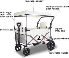 Collapsible Foldable Foldable Wagon Cart with Quick-Release Wheels & 2 Seats Camping Wagon- Heavy-Duty Utility Wagon 265LBS Capacity for Camping, Gard