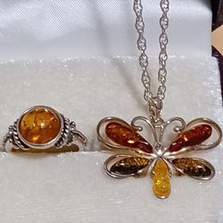 Sterling Silver Baltic Amber Butterfly Necklace With Matching Ring Women's 7.5