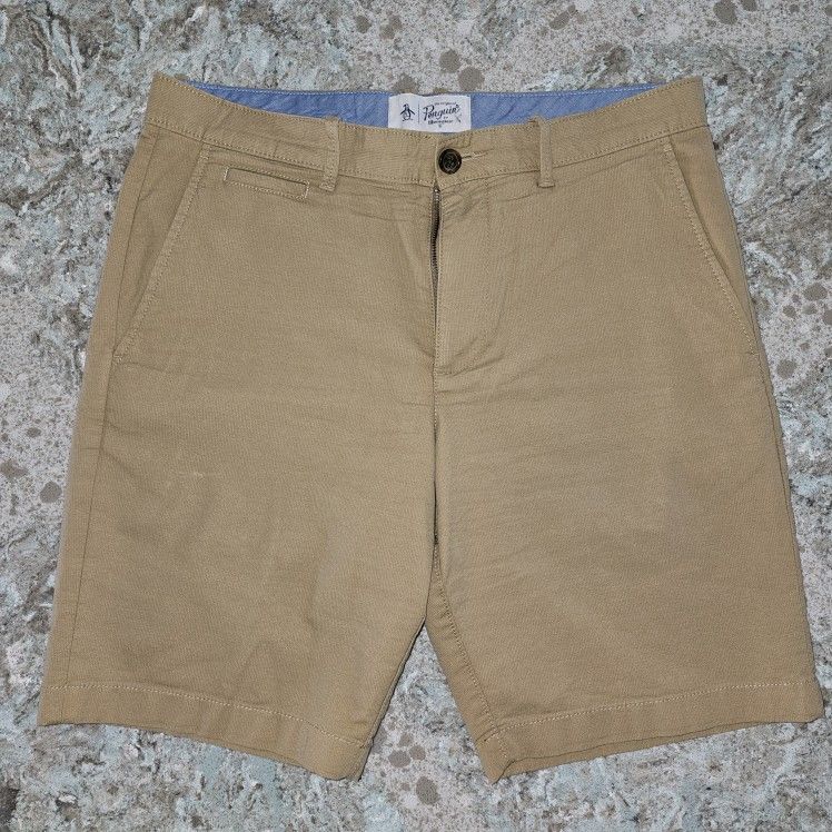 Penguin Mens Shorts 31 Brown Tan Flat Front Chino Pockets Preppy Logo Original
