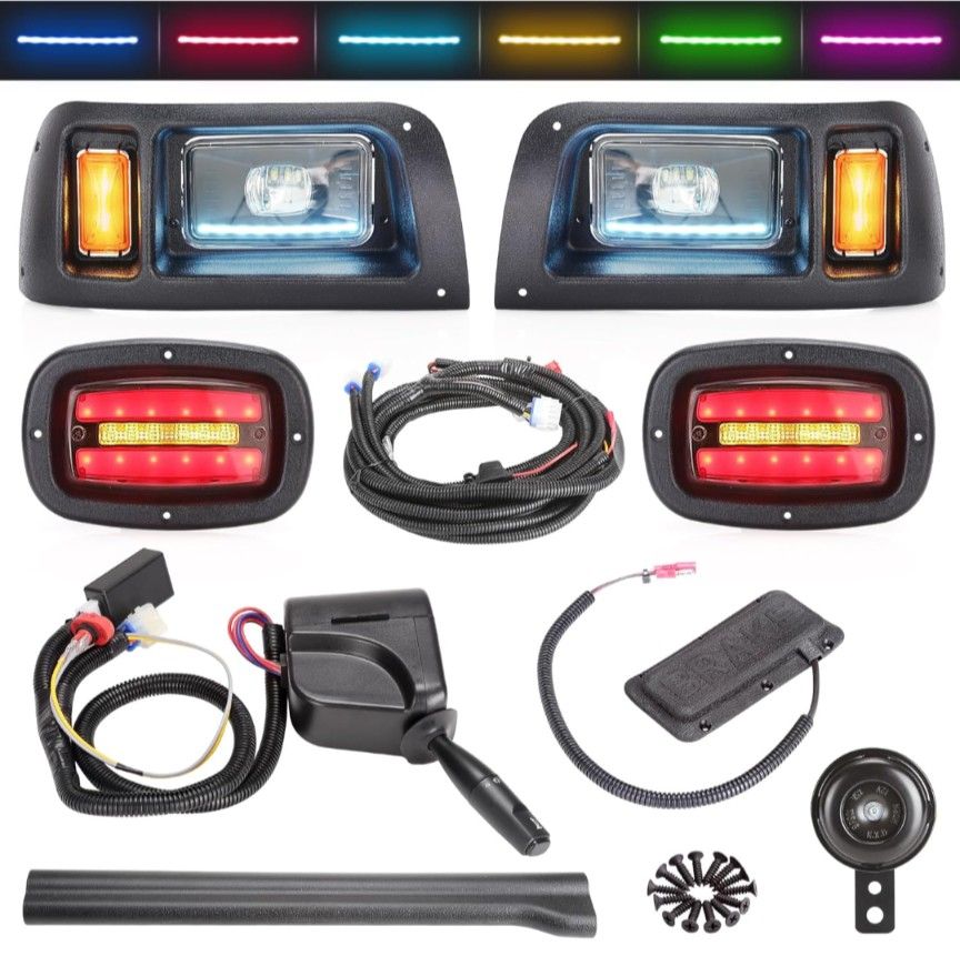 10L0L Deluxe Golf Cart Light Kit for Club Car DS 12V-60V, Full Headlight Taillight Kit with RGB Daytime Running Lamp Low High Beam Turn Signal Horn