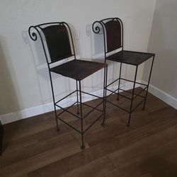 Vintage Spanish Originally $3,000. Hacienda Hand Sewn And Stretched Leatather And Wrought Iron Bar Stools