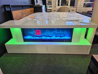 TV Stand White With LED Light, Bluetooth Speaker 4 Drawers Electric Fired Place $599