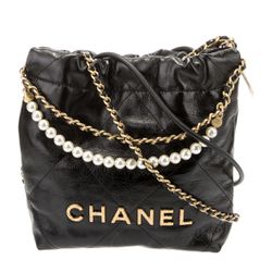 CHANEL Mini Hobo Bag With Pearl Chain Black