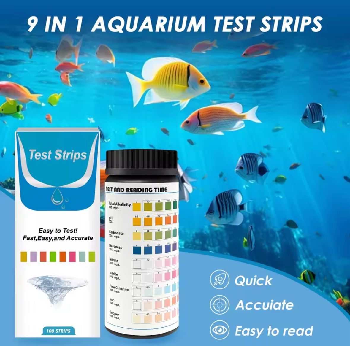 100 Pcs 9-IN-1 Aquarium Test Fish Tank Test Kit with Test Tube Water Quality Monitor pH Test Strips Strips Easy Fast Accurate