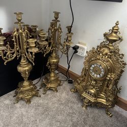 Antique Imperial Brass mantle Clock With Candlestick Holders