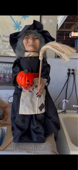 Halloween Witch Doll Figure with Broom and Pumpkin