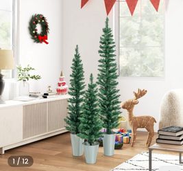 Goplus Set of 3 Artificial Christmas Tree, 3' 4' 5' Slim Pencil Xmas Tree with Silver Metal Buckets, Faux Potted Christmas Trees for Front Porch Entra