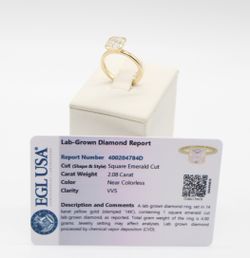 2.08 CT Lab Grown Square Emerald Diamond Ring VVS 14K Yellow Gold EGL USA