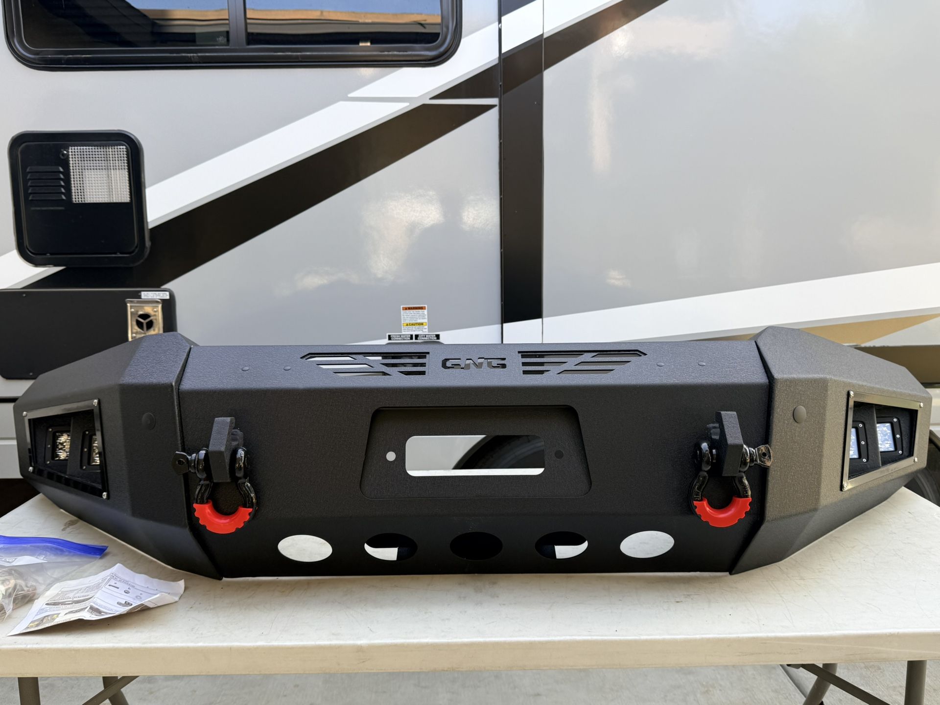 GNG Front Bumper Compatible for Ford F150 1997,1998, 1999, 2000 ,2001 ,2002, 2003 Bumper w/4×24W Aluminum Lights & Winch Plate & D-Rings/Steel Black