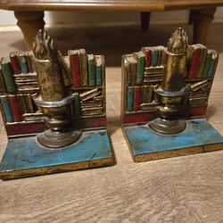 Pair RONSON Cast Metal Bookends Books and Candle Design 