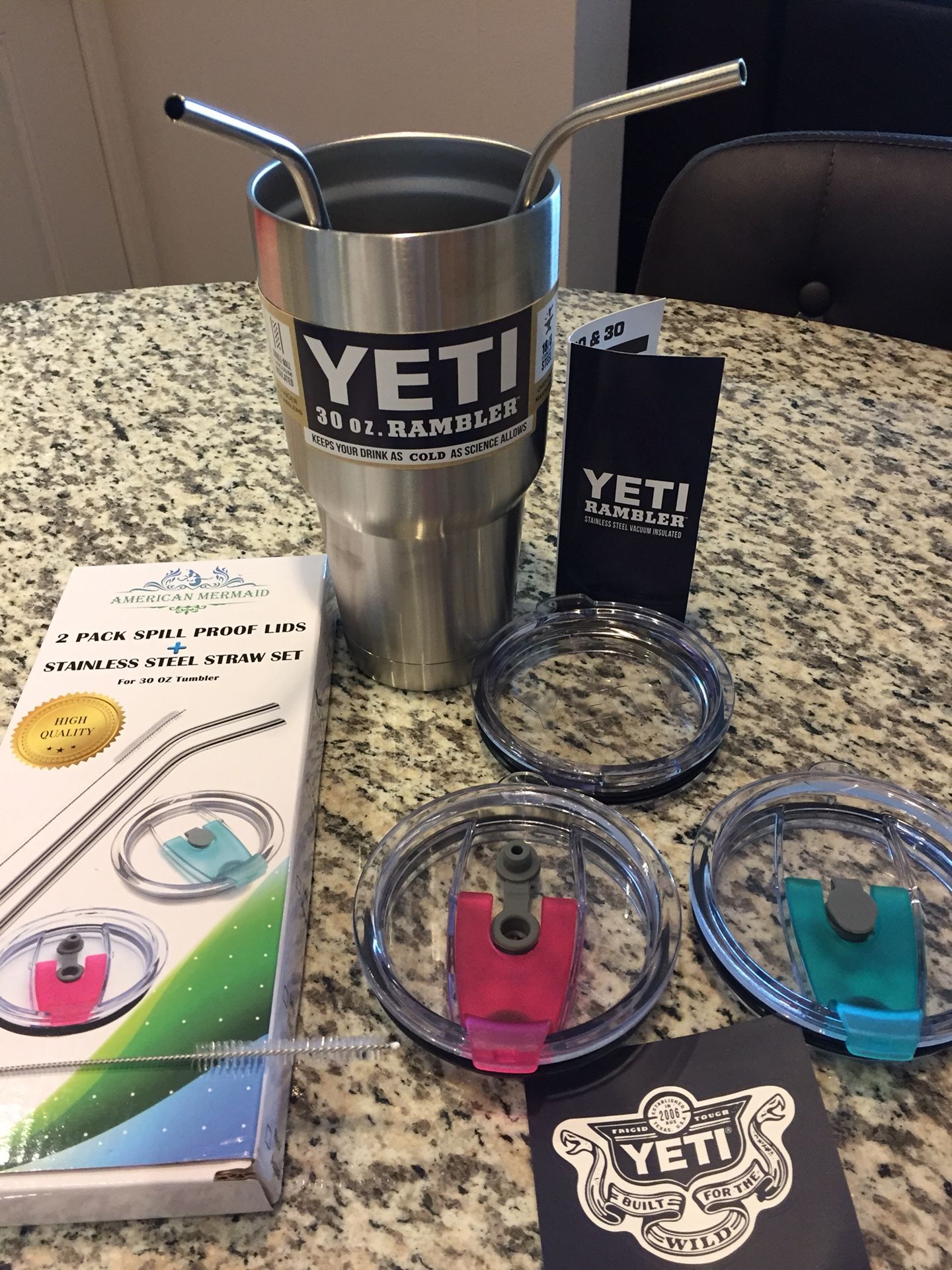 30 oz Yeti Rambler + 2 Pack Spill Proof Lids & Stainless Steel Straw Set ,  American Mermaid Set for Sale in Cedar Park, TX - OfferUp