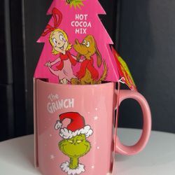 Pink Grinch Mug & hot cocoa 