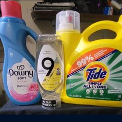 TIDE SIMPLY ALL IN ONE 89 LOADS/117oz, 9 Elements EZ-SQUEEZE 15Oz DISH SOAP, & DOWNY 2IN1 60 LOADS/44oz  For $18/$18 For The 3