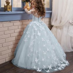 Butterfly Flower Girl, Quinceañera Court Dress In Baby Blue With Train