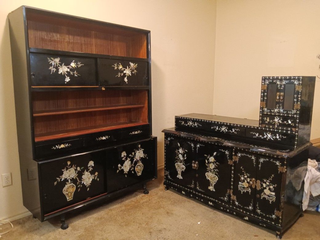 PROJECT - SET of 2 VINTAGE Korean Black Lacquered Furniture Cabinets with Mother of Pearl Inlay