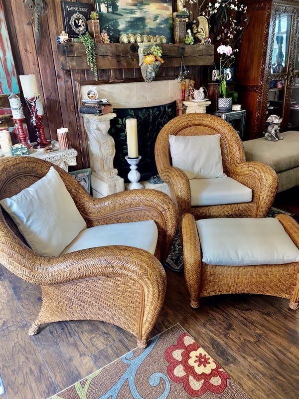Pottery barn set of Retired malabar chairs and ottoman for Sale in Palm
