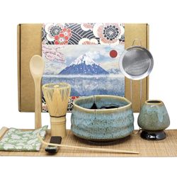 Japanese Tea Matcha Whisk 9 PCS Blue Set (Ceramic Matcha Bowl, Bamboo Matcha Whisk, etc)
