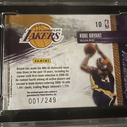 2009–10 Panini Studio “Masterstrokes Material” #/249 of Kobe Bryant, graded SGC 9 (Mint) with a jersey patch.