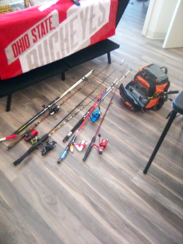 9! Fishing Poles Great Condition.A back pack tackle box built In cooler  with tackle an mini fishing  pole .