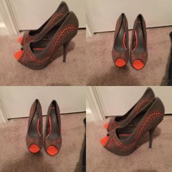 Orange and grey peep toe heels