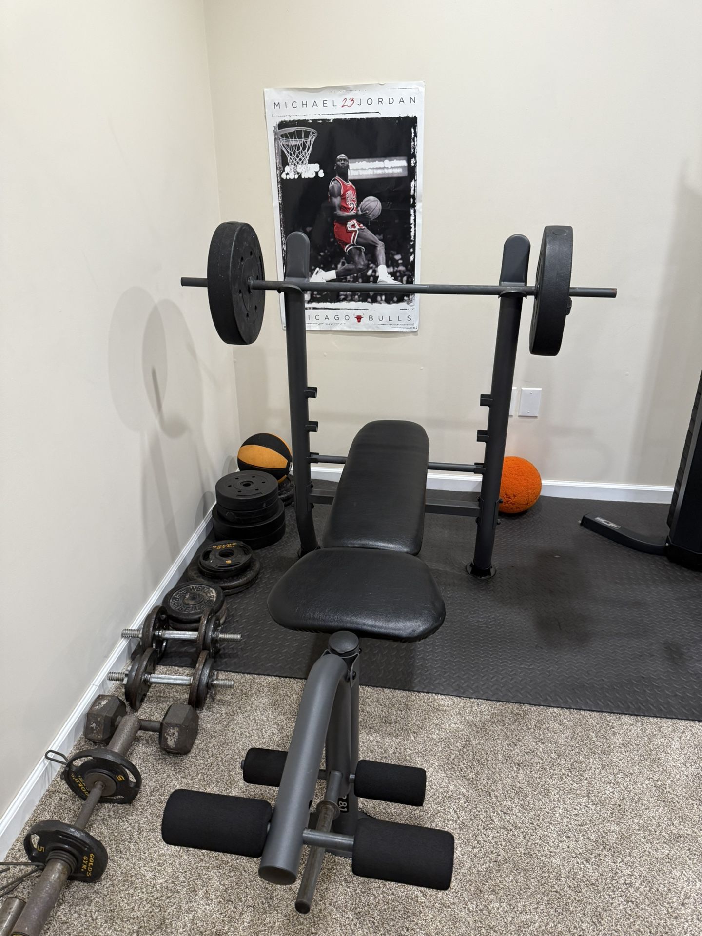 Bench press machine + Weights + Adjustable dumbbells
