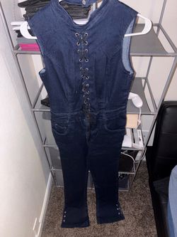 Dark Wash Denim Lace-Up Jumpsuit