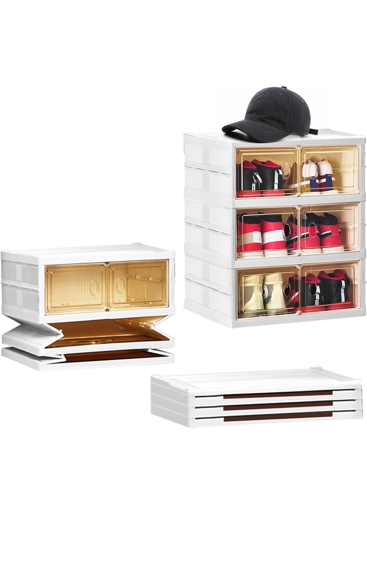 Foldable Shoe Rack Organizer for Closet Entryway 3-Tier 6 Pairs Transparent Plastic Shoe Shelf Collapsible Storage Box Cabinet with Clear Magnetic Lid