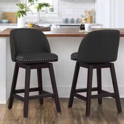 26 in. Black Wood Frame Swivel Cushioned Bar Stool with Faux Leather, Swivel Counter Stool (Set of 2)