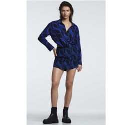 Zara Blue & Black Geometric Print Two Piece Skirt + Blouse Set Size M