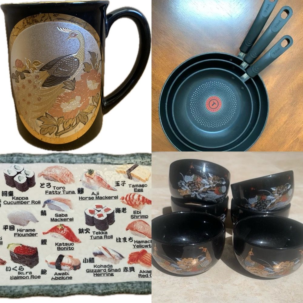 Peacock Cups, Sushi Plate, T-fal Nonstick Skillets