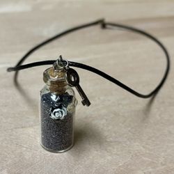 Goth Necklace Soft High Quality Black Cord Glass Bottle Vial Sparkly Sand Art Silver Key Black White Rose