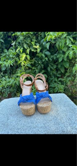 Blue Bow Cork Wedge Sandals