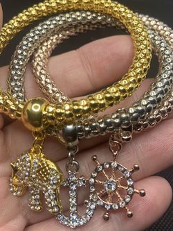 SET OF 3 DIAMOND MULTITONE CHARM BRACELETS 