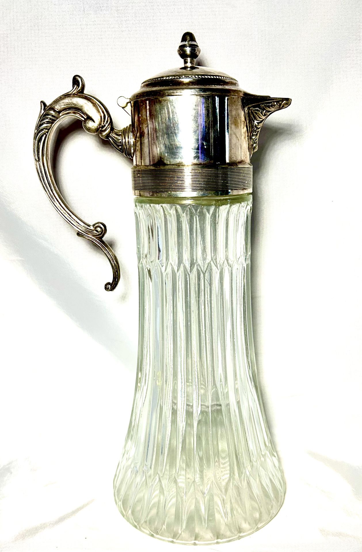 Vintage Crystal Glass Pitcher Silver Plate Carafe With Ornate Handle 14"H