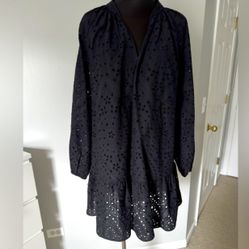 H&M Women’s Black Embroidered Eyelet Dress Size L Long Sleeve New