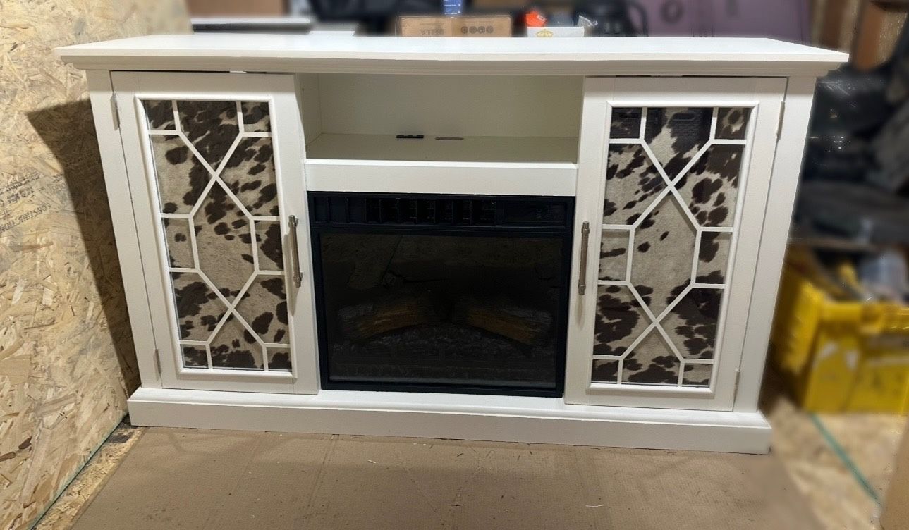 60” cowprint Tv Console with Fireplace