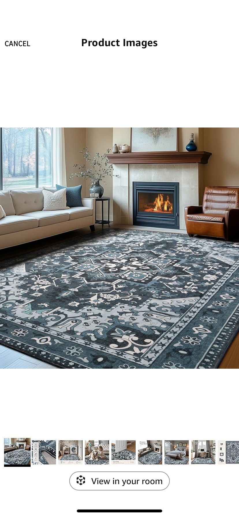 Rugflix 8x10 Area Rugs Machine Washable, Dark Navy Blue Carpet for Living Room, Oriental Indoor Area Rug Low Pile, Large Soft Thick Carpets Non Slip,