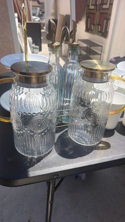 Embossed Glass Jars with Brass Lids – Set of 2
