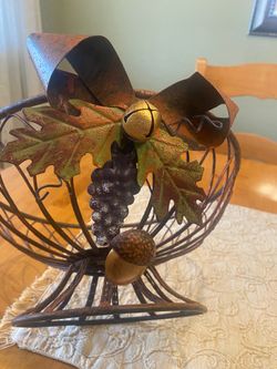Metal fall decor centerpiece basket with metal bow & leaves, acorn, grapes & bell. 12x6. Cottage .